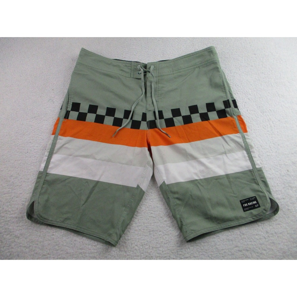 Fox Racing Board Shorts Mens 33 Green Orange Checkered Stripe Swim Trunks‎ Beach